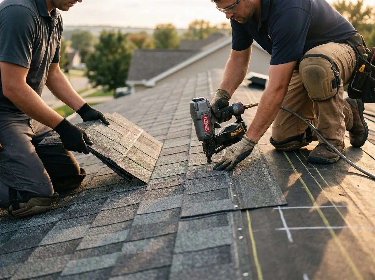 Professional roofer working on a residential roof in Ham Lake